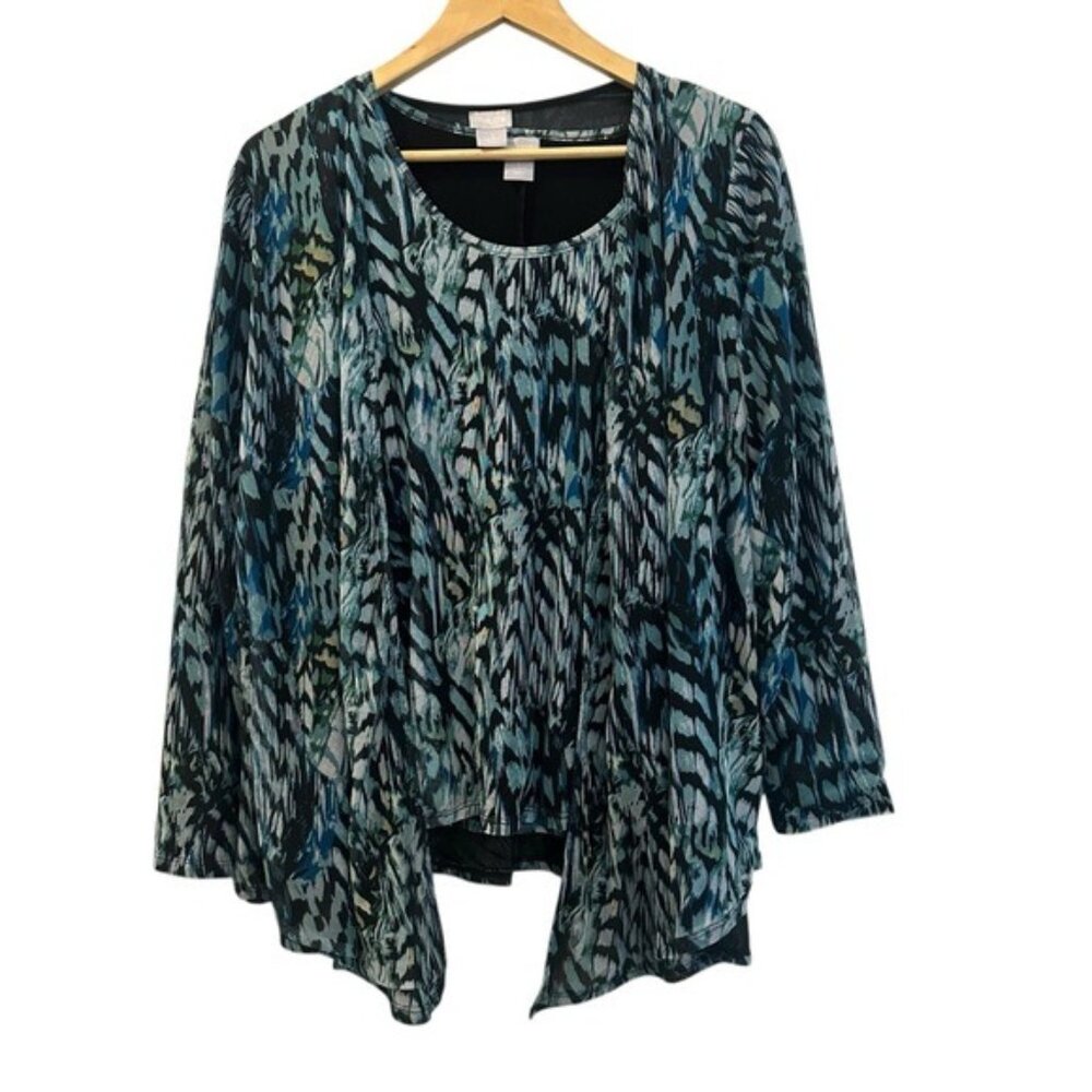 Chico’s Leaf-Print Mesh Cardigan and Matching Tank Set Size Medium Open Front